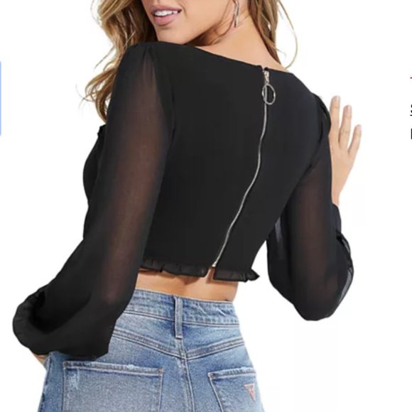 NWT NEW GUESS Cropped Sheer-Sleeve SEXY Top L - Picture 2 of 4